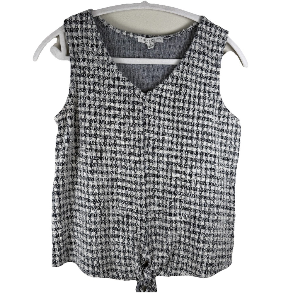 Green Envelope Women's Medium Blue‎ & White Check Tie Front Tank Top Career Soft